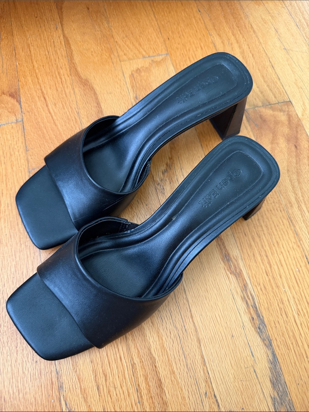 Open Edit Black Square Toe Block Heel Mules Sandals